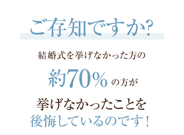 ご存知ですか？結婚式を挙げなかった方の約30%の方が挙げなかったことを後悔しているのです！